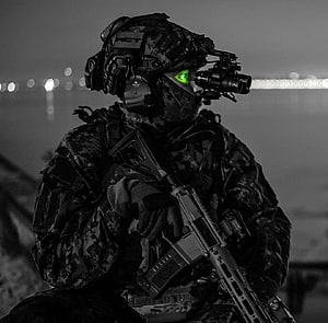 Special Forces Operator With Night Vision Goggles and Tactical Rifle at Night HD wallpaper