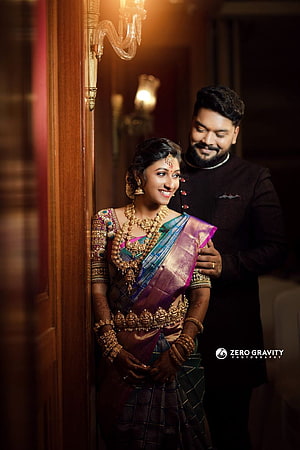 Tamil Wedding Couple in Traditional Silk Saree and Black Bandhgala HD phone wallpaper
