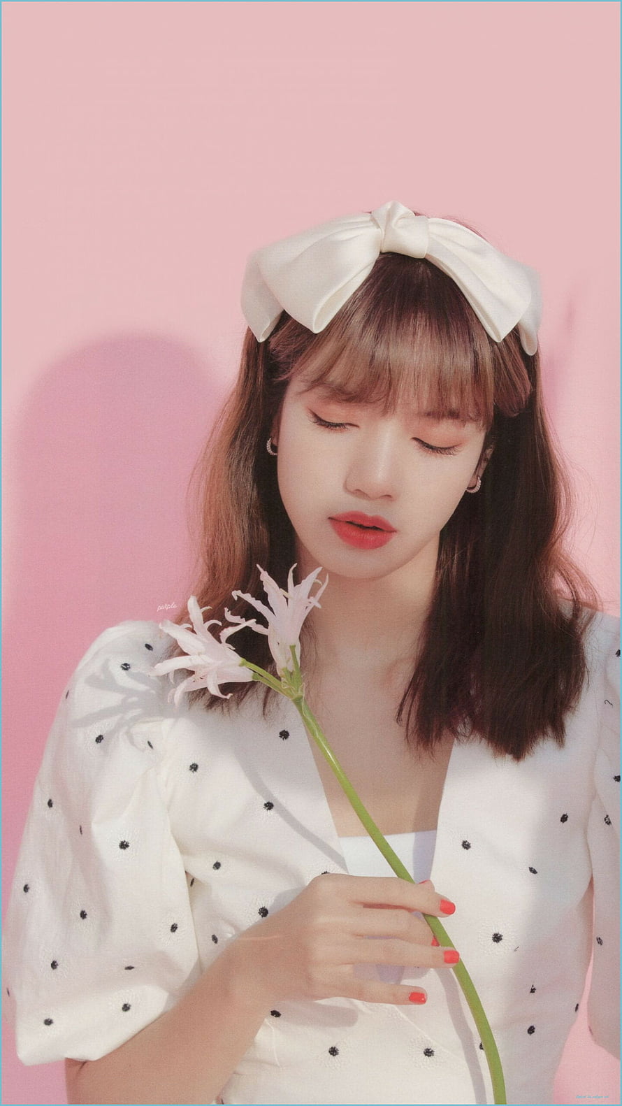 Lisa from Blackpink in a white polka dot dress with a large bow headband holding a delicate flower against a soft pink background HD phone wallpaper