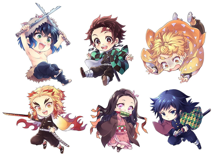 Demon Slayer Chibi Character Collection Featuring Tanjiro, Nezuko, Zenitsu, Inosuke, Rengoku, and Giyuu HD wallpaper
