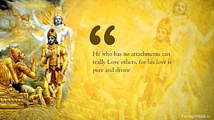 Lord Krishna and Arjuna on the Chariot with a Spiritual Quote on Detachment and Divine Love HD wallpaper