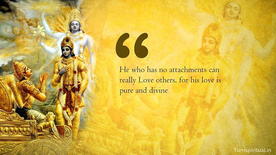 Lord Krishna and Arjuna on the Chariot with a Spiritual Quote on Detachment and Divine Love HD wallpaper
