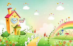 Whimsical Cartoon Cottage With Heart Window And Rainbow Meadow HD wallpaper