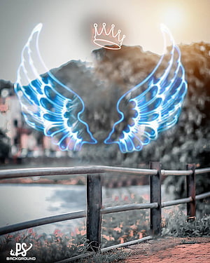 Glowing Blue Angel Wings and Crown Overlay on Misty Riverside Scene HD phone wallpaper