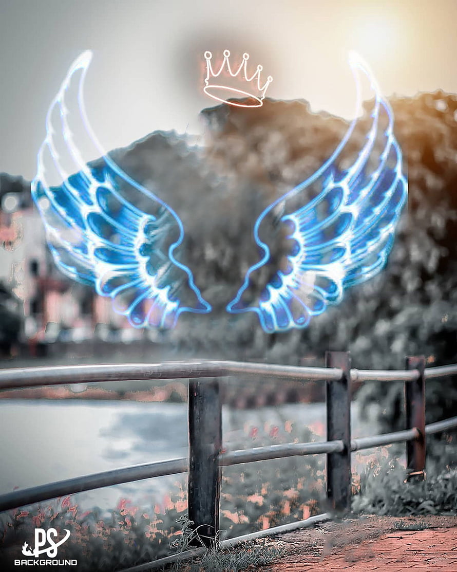 Glowing Blue Angel Wings and Crown Overlay on Misty Riverside Scene HD phone wallpaper