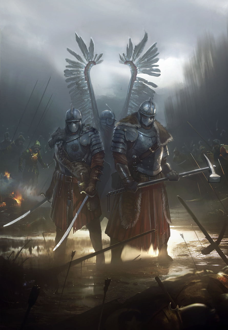 Winged Hussars in Full Plate Armor on a Gritty Medieval Battlefield HD phone wallpaper