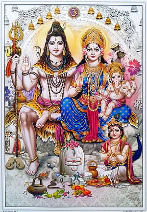 Lord Shiva Family Portrait with Parvati, Ganesha, and Kartikeya in Traditional Indian Art HD phone wallpaper