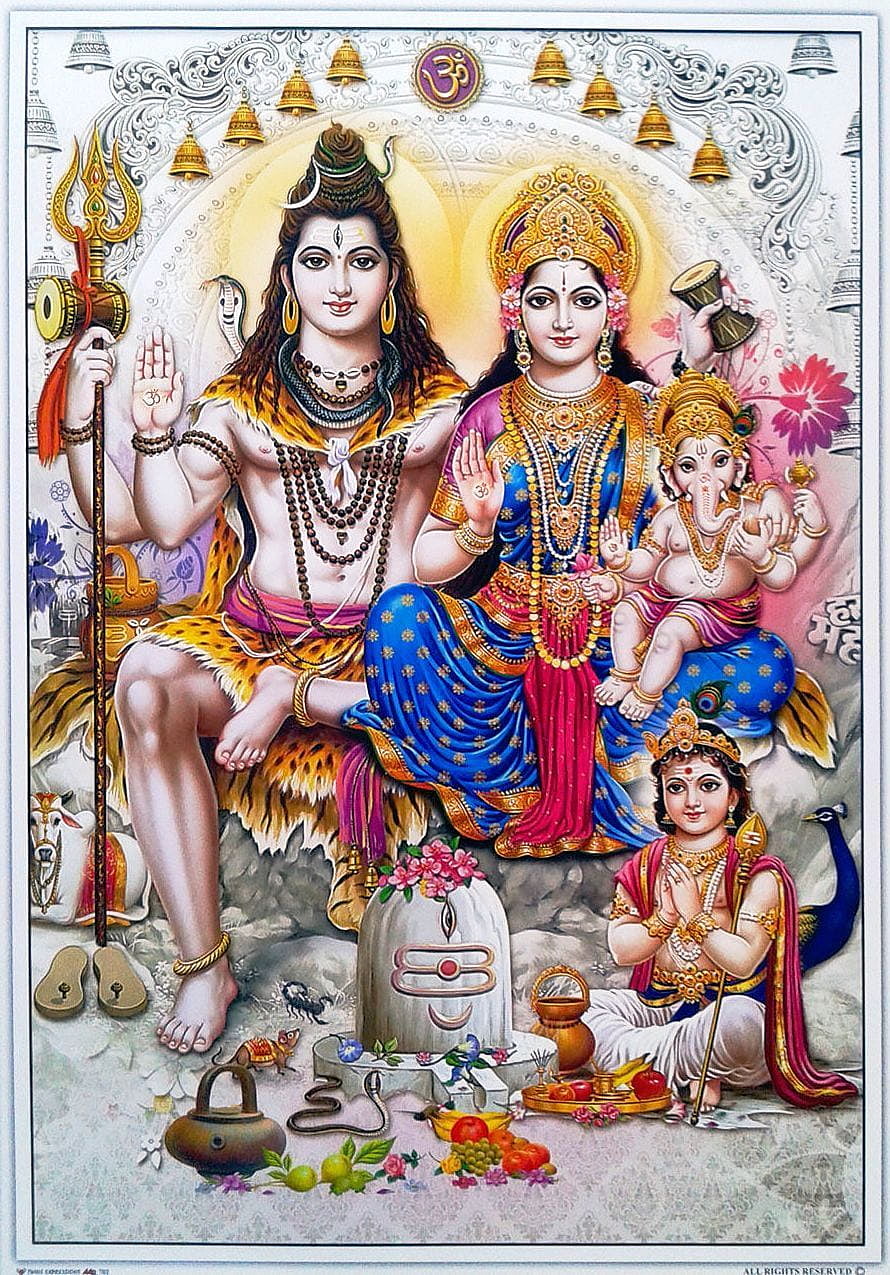 Lord Shiva Family Portrait with Parvati, Ganesha, and Kartikeya in Traditional Indian Art HD phone wallpaper