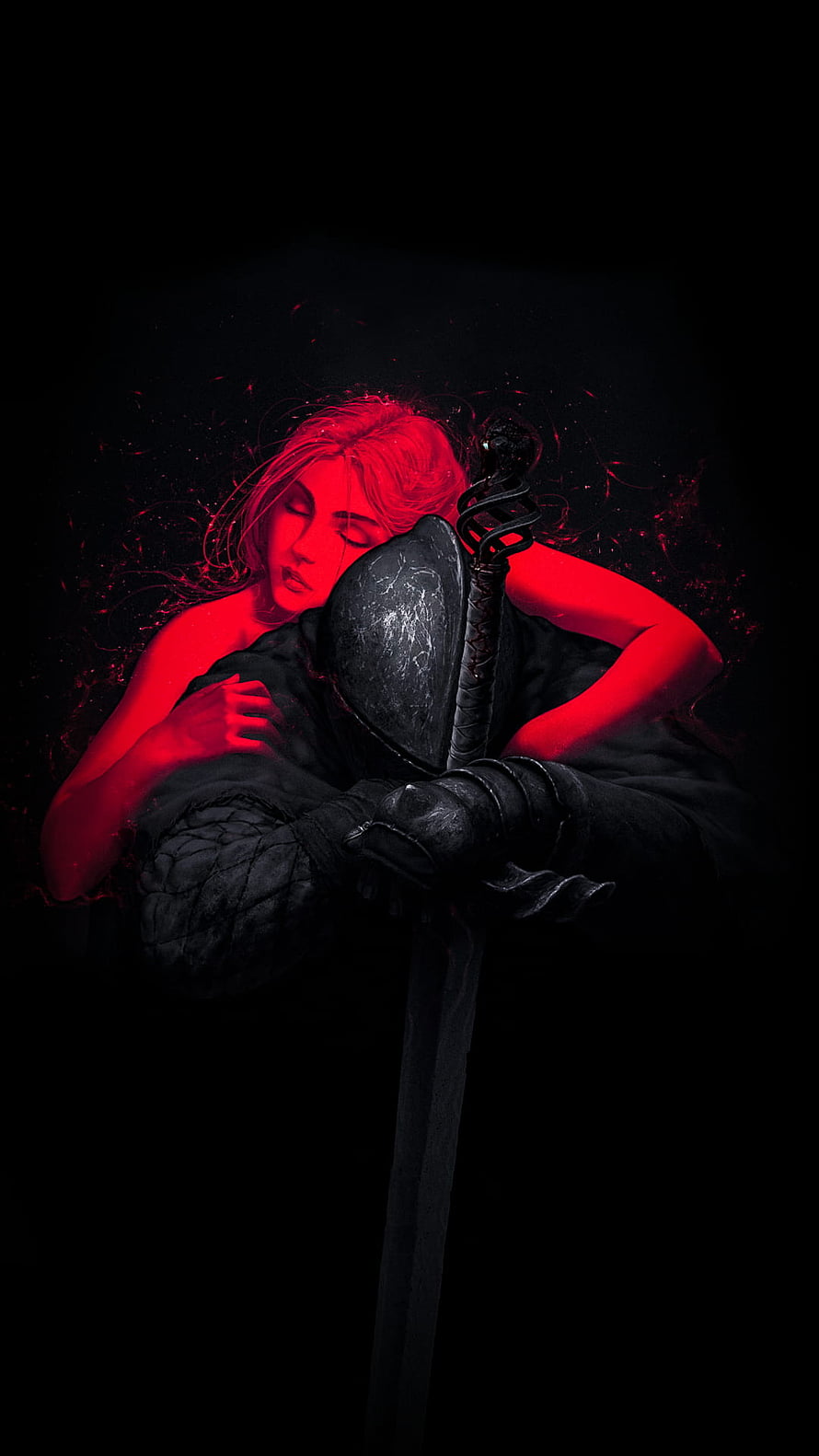 Dark Souls Knight Resting on Greatsword with Red Light and Black Background HD phone wallpaper