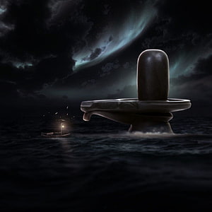 Mystical Shiva Lingam Rising From Dark Ocean Waters Under Stormy Night Sky HD phone wallpaper