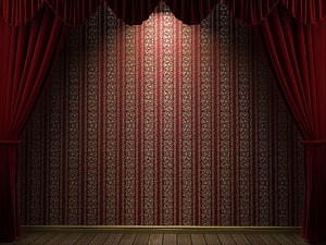Empty Theater Stage Framed by Deep Red Velvet Curtains and Ornate Patterned Backdrop HD wallpaper