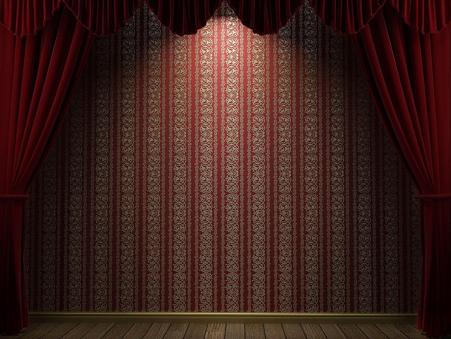Empty Theater Stage Framed by Deep Red Velvet Curtains and Ornate Patterned Backdrop HD wallpaper