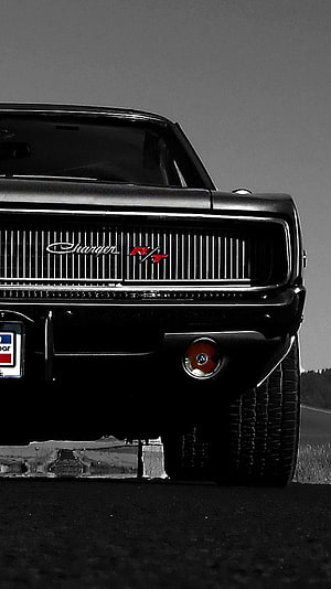 1970 Dodge Charger R/T Front Grille Close-Up in Black and White HD phone wallpaper