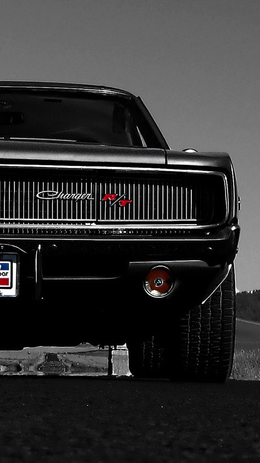 1970 Dodge Charger R/T Front Grille Close-Up in Black and White HD phone wallpaper