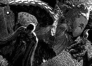 Berserk manga panel featuring Guts and Griffith in a dark fantasy battle scene HD wallpaper