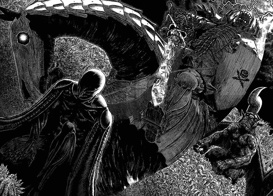 Berserk manga panel featuring Guts and Griffith in a dark fantasy battle scene HD wallpaper