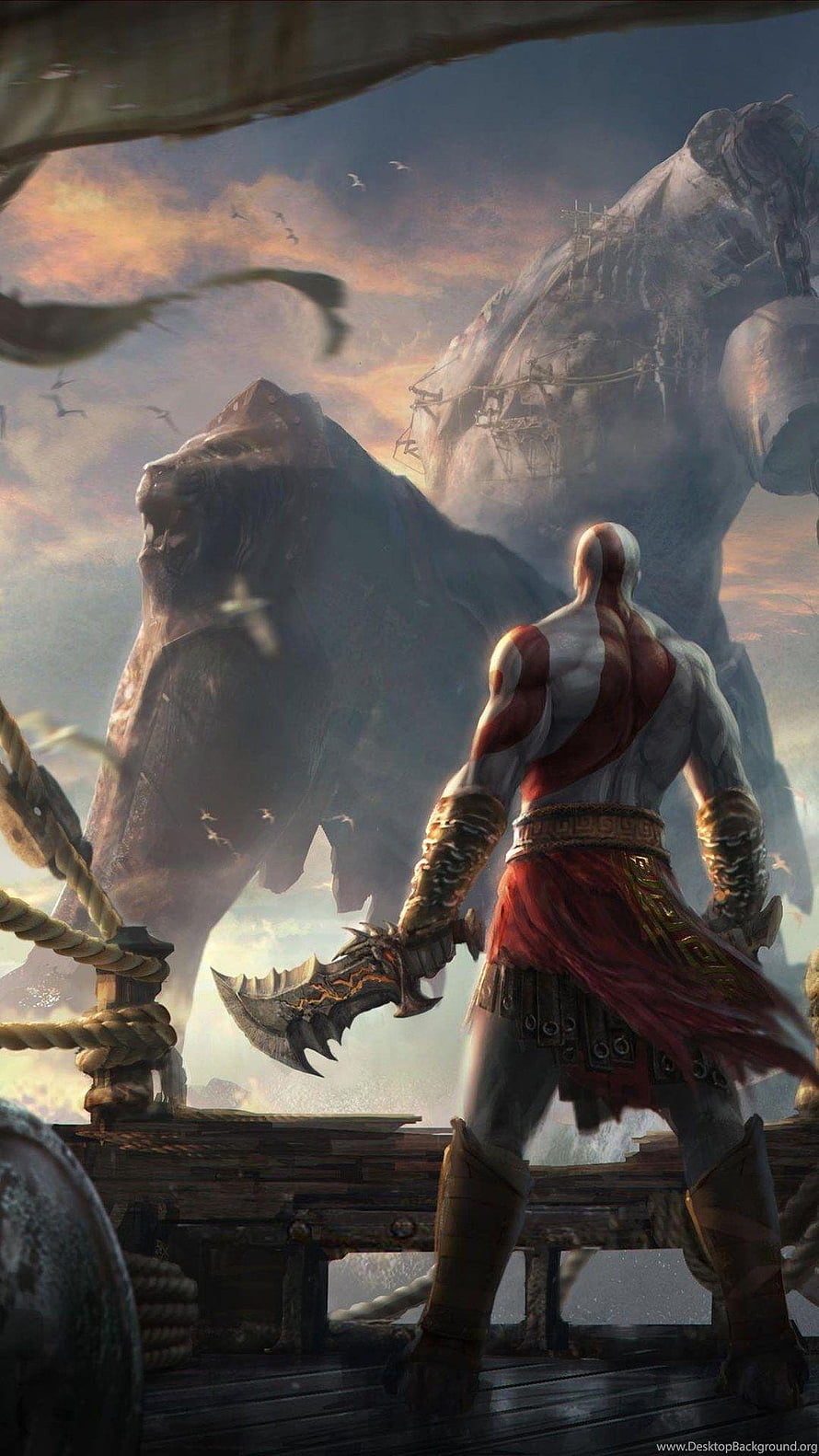 Kratos Confronting Colossal Stone Beasts on a Weathered Ship Deck in God of War HD phone wallpaper