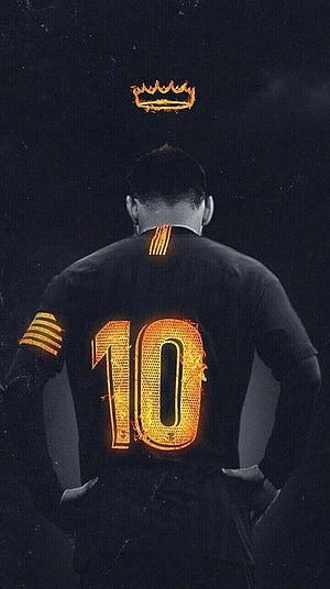 Lionel Messi Number 10 Jersey Back View with Glowing Crown and Neon Fire Effect HD phone wallpaper