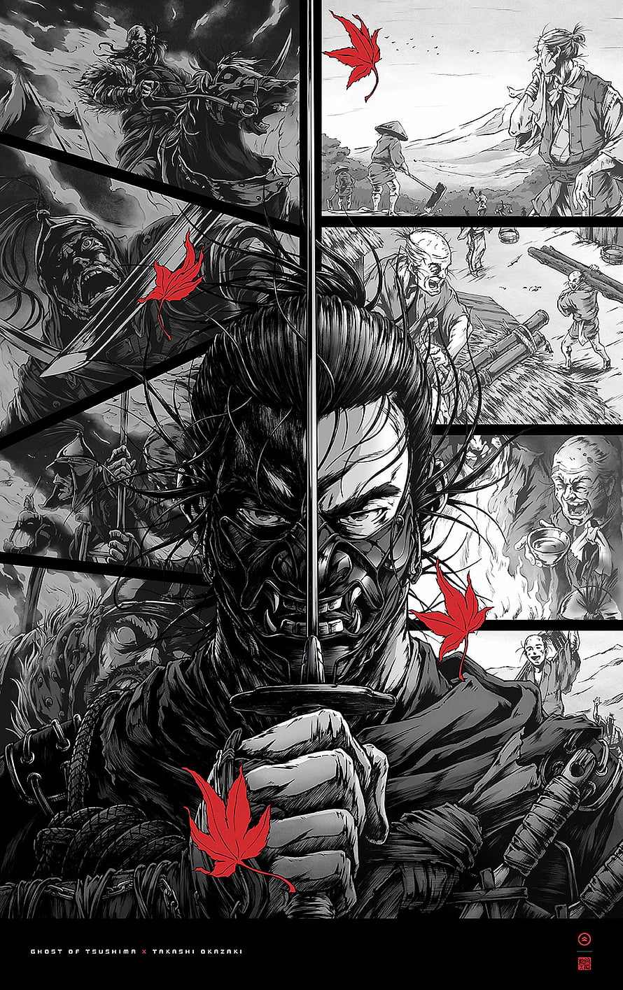 Ghost of Tsushima manga style illustration featuring samurai warrior and red maple leaves HD phone wallpaper