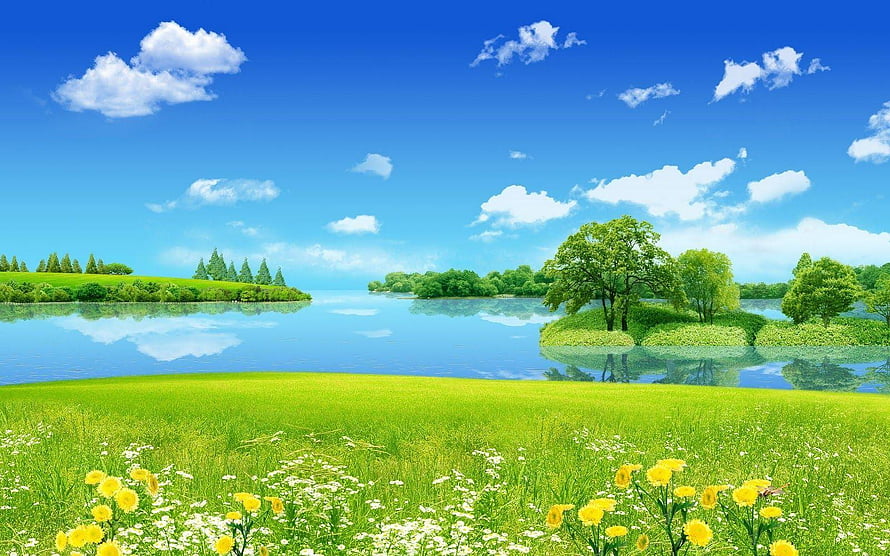 Serene Spring Lake Landscape With Lush Green Meadows And Wildflowers Under A Bright Blue Sky HD wallpaper