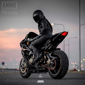 Female Rider in Black Leather Gear on a Sport Motorcycle at Dusk HD phone wallpaper