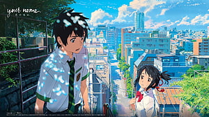 Your Name Anime Scene Featuring Taki and Mitsuha on a Sunny Rooftop HD wallpaper