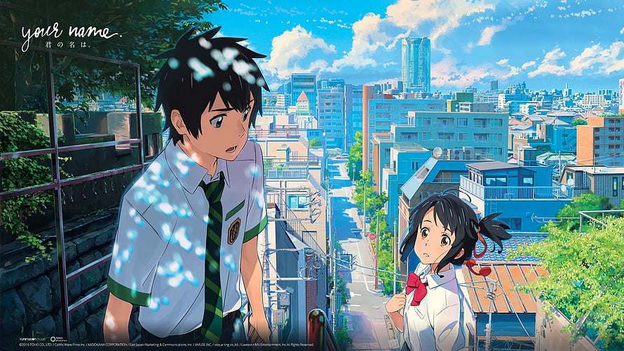 Your Name Anime Scene Featuring Taki and Mitsuha on a Sunny Rooftop HD wallpaper