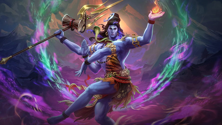 Shiva wielding trident and cosmic fire in vibrant digital fantasy art HD wallpaper