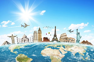 World Travel Landmarks on Globe with Eiffel Tower, Colosseum, and Statue of Liberty HD wallpaper