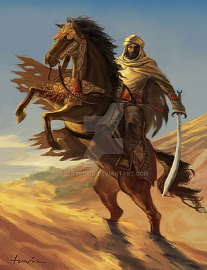 Khalid bin Walid on Horseback in the Desert Holding a Scimitar HD phone wallpaper