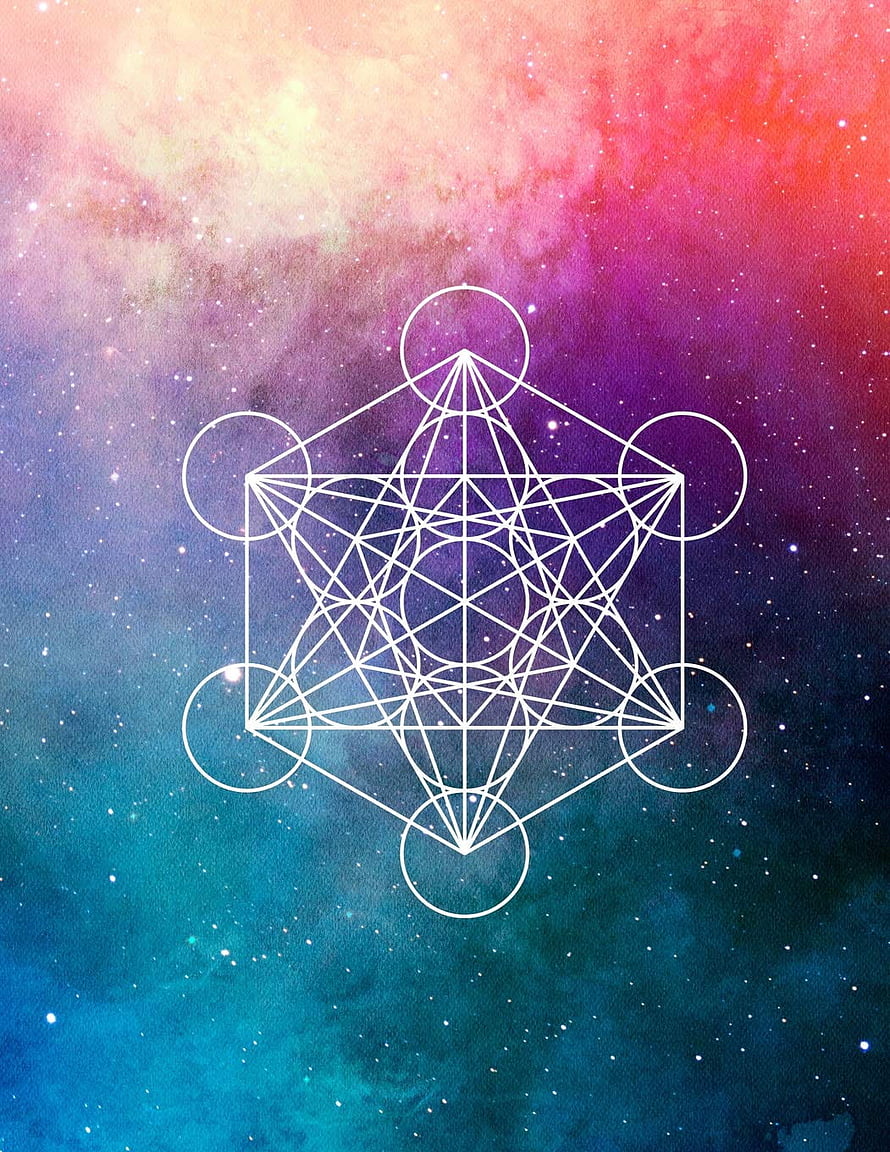 Metatron's Cube Sacred Geometry Overlay on Vibrant Cosmic Nebula Background HD phone wallpaper