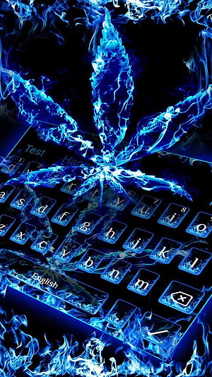 Glowing Blue Flame Cannabis Leaf Over Digital Keyboard HD phone wallpaper