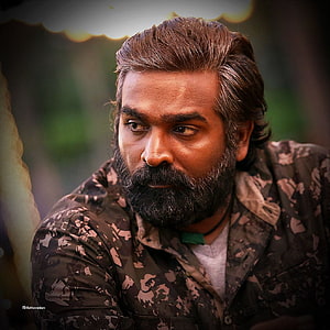 Vijay Sethupathi in military camouflage uniform with full beard and intense expression HD phone wallpaper