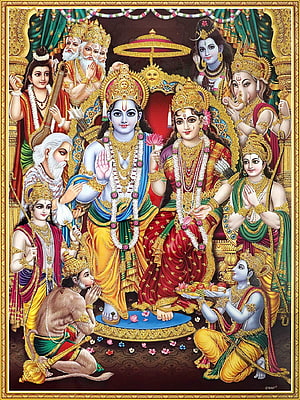 Lord Ram Darbar with Sita and Deities in Traditional Indian Temple Art HD phone wallpaper