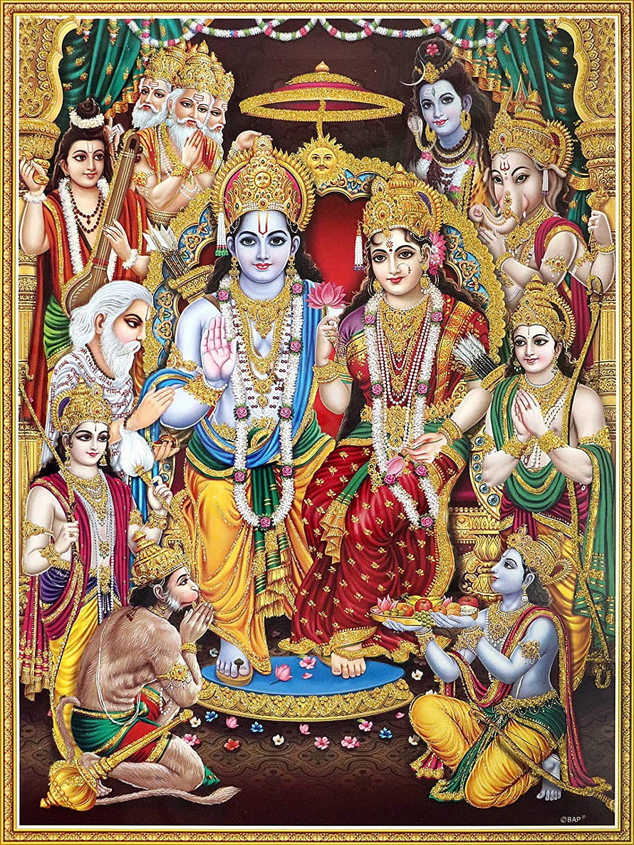 Lord Ram Darbar with Sita and Deities in Traditional Indian Temple Art HD phone wallpaper