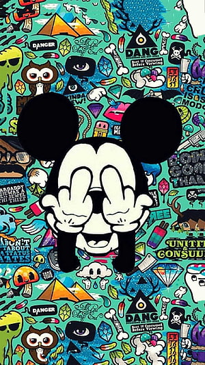 Mickey Mouse Middle Finger Illustration on Doodle Background HD phone wallpaper