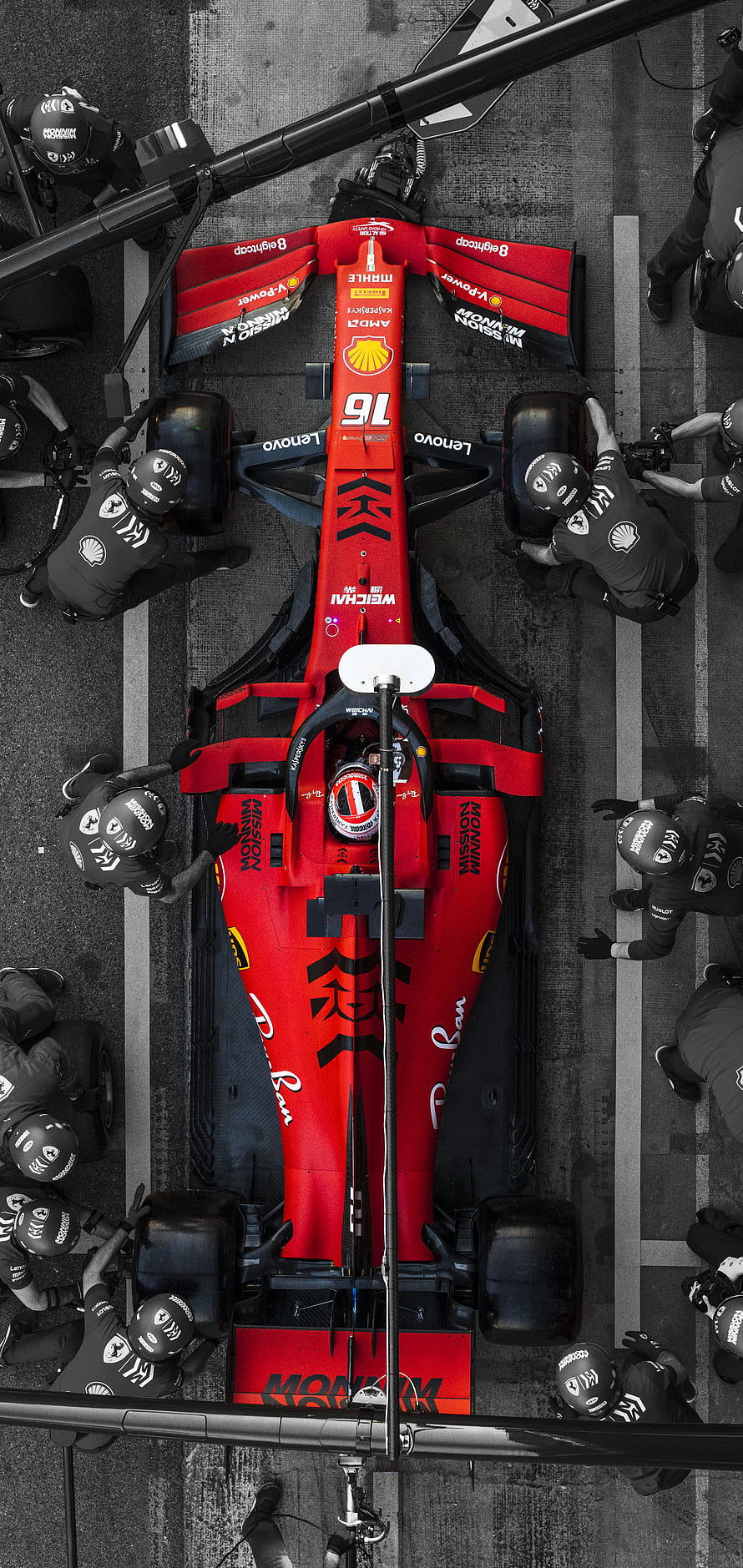 Aerial View of Charles Leclerc's Scuderia Ferrari SF90 Pit Stop HD phone wallpaper