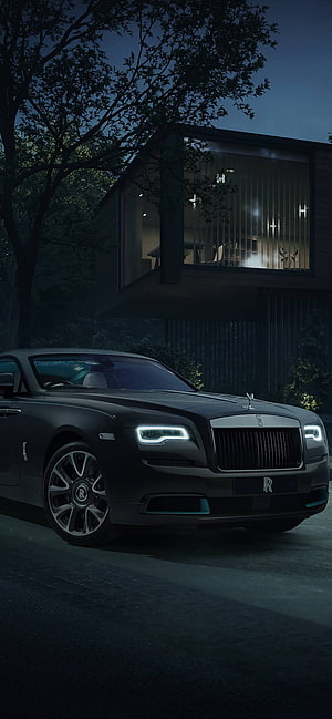 Black Rolls Royce Ghost Parked at Night in Front of Modern Architecture HD phone wallpaper