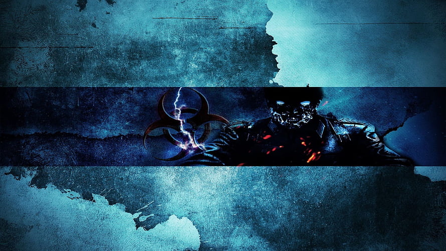 Dark Grunge Gaming Banner with Biohazard Symbol and Armored Warrior HD wallpaper
