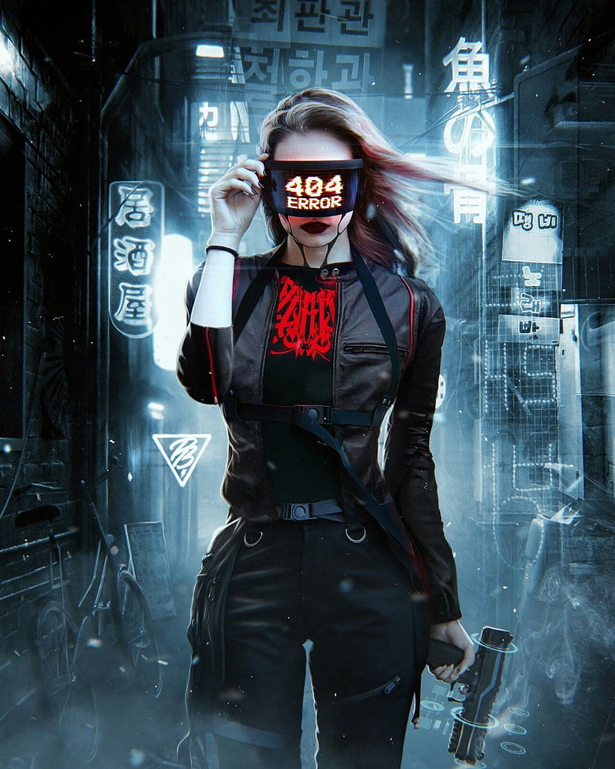 Cyberpunk Woman with 404 Error Visor in Neon Asian Alleyway HD phone wallpaper