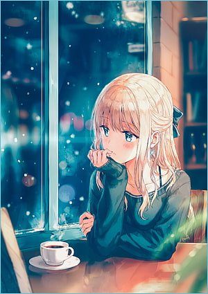 Blonde Anime Girl Gazing Out Window at Snowfall with Coffee Cup in Cozy Cafe HD phone wallpaper