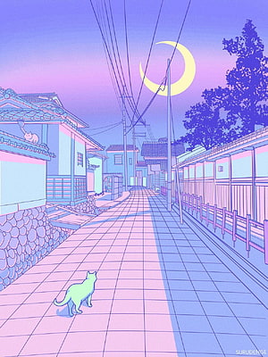 Pastel Japanese Alleyway at Night with Cats and Crescent Moon Illustration HD phone wallpaper