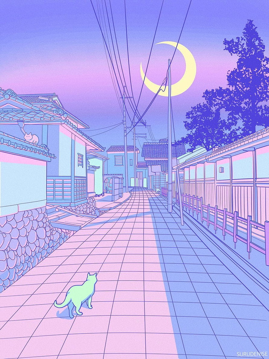 Pastel Japanese Alleyway at Night with Cats and Crescent Moon Illustration HD phone wallpaper