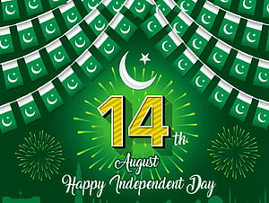 Pakistan Independence Day 14th August Celebration with Flags and Fireworks HD wallpaper