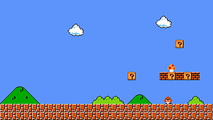 Super Mario Bros Classic Side-Scrolling Level with Question Blocks and Mushroom HD wallpaper