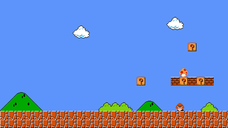 Super Mario Bros Classic Side-Scrolling Level with Question Blocks and Mushroom HD wallpaper