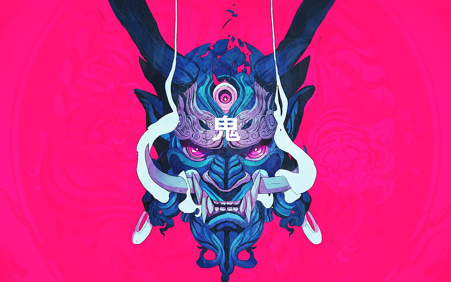 Vibrant Blue Oni Demon Mask with Pink Eyes and Horns on Hot Pink Background HD wallpaper