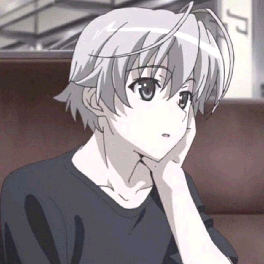 Silver-Haired Anime Boy with Hand on Chin in Soft-Lit Interior HD phone wallpaper