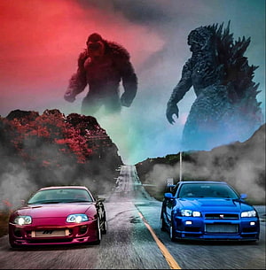 Supra and GTR Racing Toward Godzilla and King Kong in Dramatic Misty Landscape HD phone wallpaper
