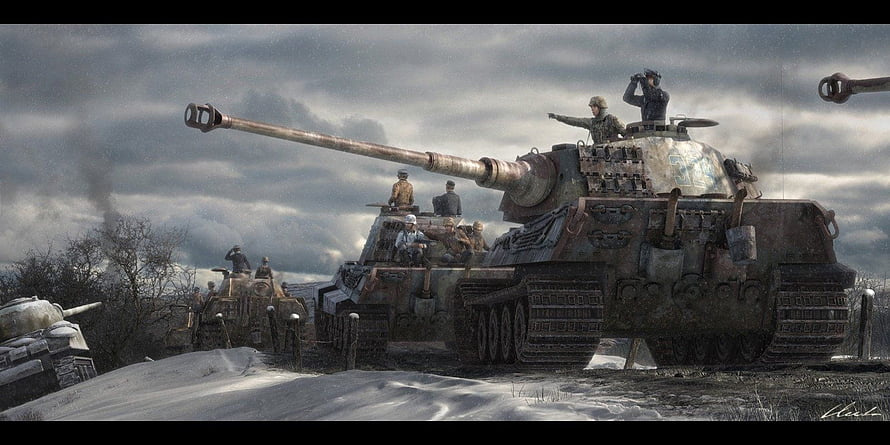 German Tiger Tank Column Advancing Through Snowy Battlefield HD wallpaper